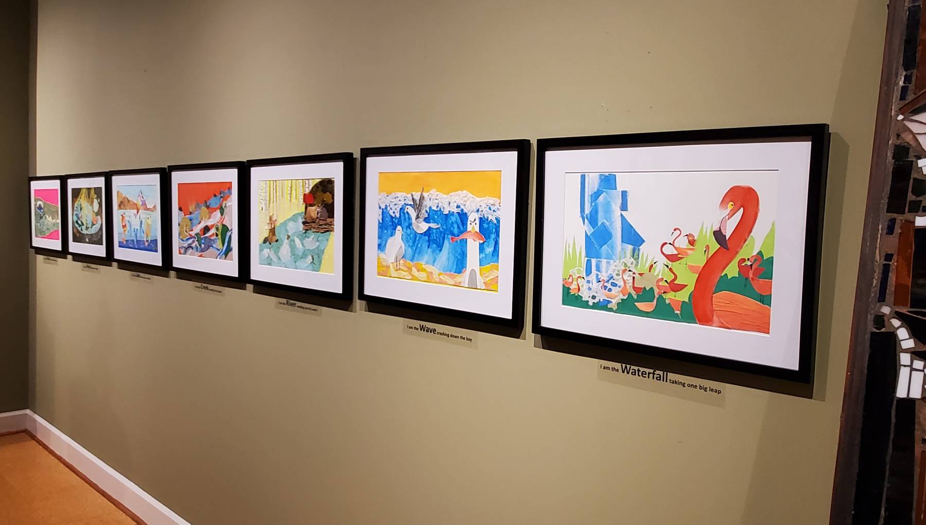 Framed collage illustrations from From Tears to the Sea exhibited at the Steffen Thomas Museum of Art